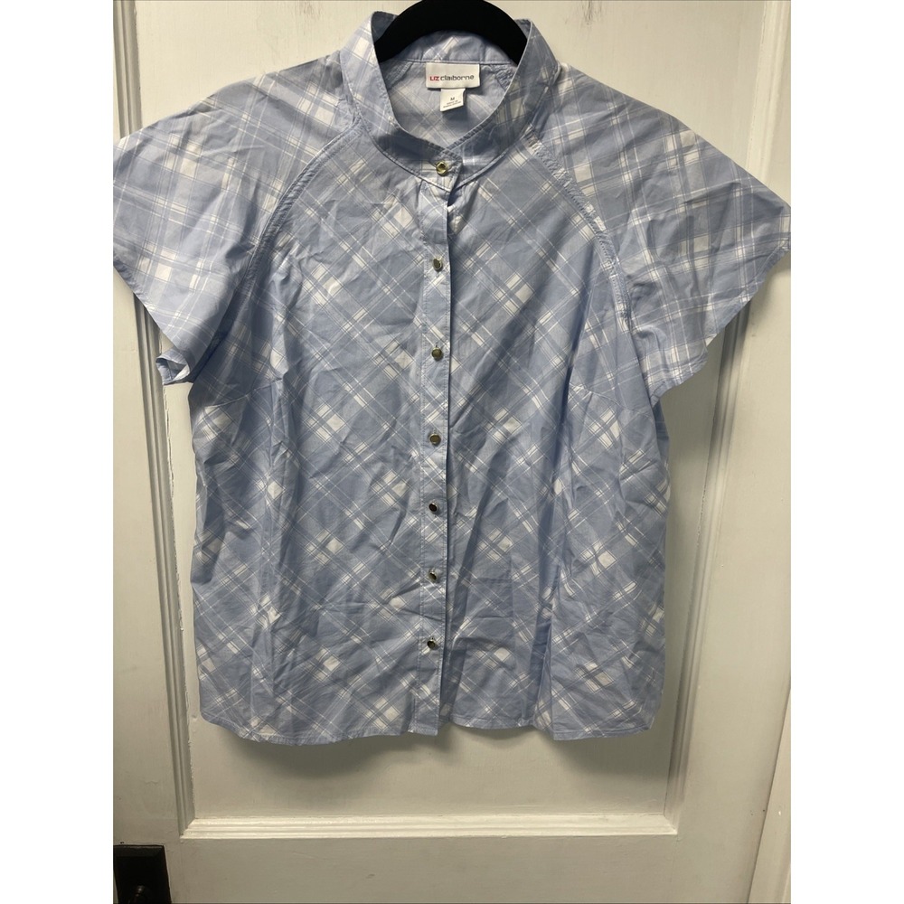 Liz Claiborne Women Blue Short Sleeve Button-Down Shirt Medium Plaid Design